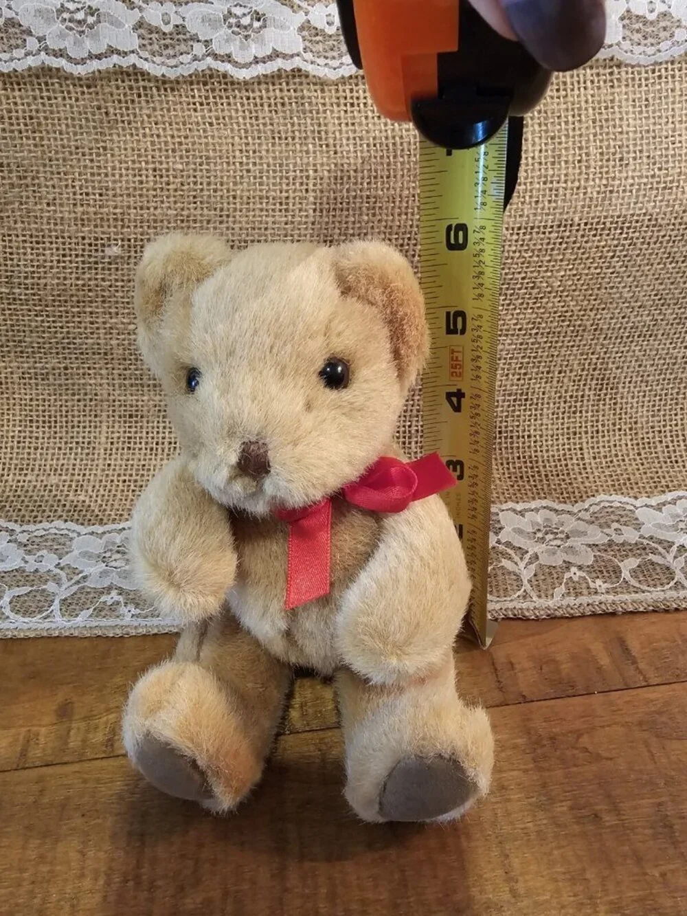 Vintage Small Tan Russ  TEDDY BEAR 6” With Red Bow  Stuffed Animal Item 7593